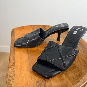Franco Sarto Black Leather Mules with Stitch Detail